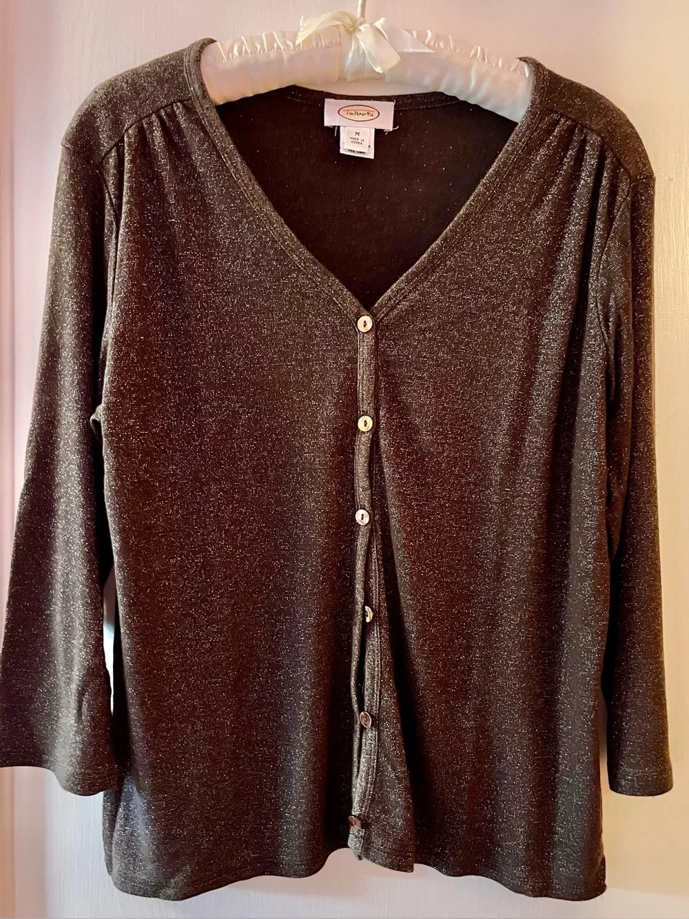 Talbots Metallic Shimmer Dark Chocolate Brown V-Neck Button Cardigan Vintage - Picture 4 of 9
